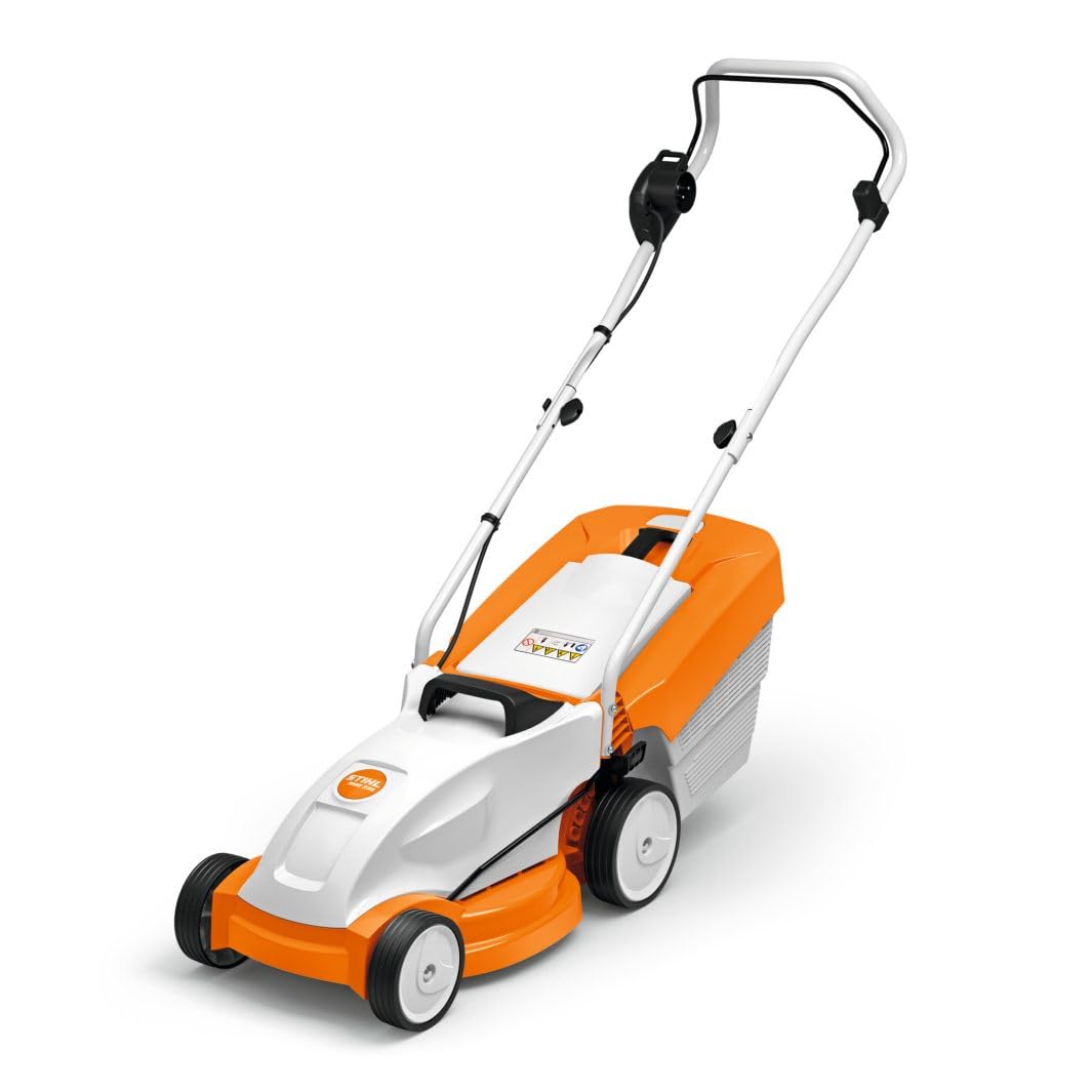 Stihl RME 235 - Cortacésped eléctrico ligero de 1,2 kW, 13 kg, con 33 cm de ancho de corte con 30 litros de recogida de césped, con indicador de nivel