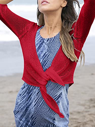 Yemgsip Women's Tie Front Shrug 3/4 Sleeve Bolero Sheer Knotted Lightweight Cardigan Sweaters Short Shawl Tops Red #TOP2