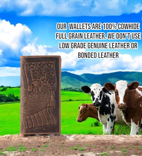 Image of F&L CLASSIC Men's RFID Vintage Look Genuine Leather Long Bifold Wallet Checkbook Wallets,brown eagle flag,240-101