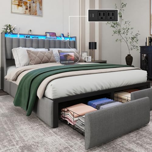 Image of Full Size Bed Frame with Upholstered Storage Headboard and 2 Drawers | Full Size Metal Platform Bed with LED Lights and Charging Station, Noise-Free, No Box Spring Needed, Easy Assembly, Gray