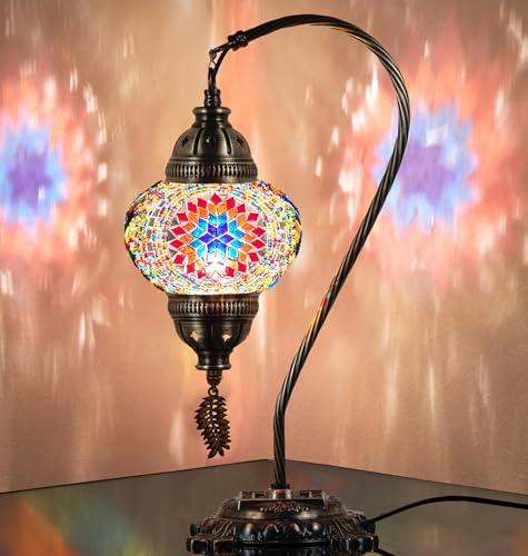 Lámpara turca auténtica DEMMEX, fabricada en Turquía, lámpara de mesa de noche con mosaico turco marroquí, 100% hecha a mano, cuerpo de metal de color latón antiguo y base de metal decorada.