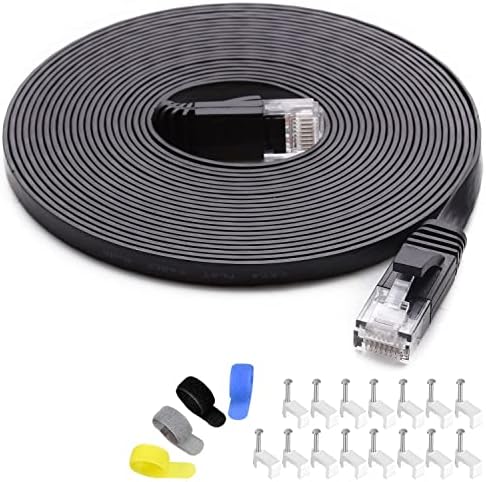 Cat 6 Ethernet Cable (at a Cat5e Price but Higher Bandwidth) Flat Internet Network Cable - Cat6 Ethernet Patch Cable Short - Black Computer LAN Cable + Free Cable Clips and Straps (25ft)