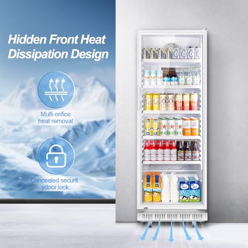 Image of Tylza Commercial Refrigerator with Glass Door Display Beverage Fridge, 360L Upright Beverage Cooler Merchandiser with Rebound Door, Fast Cooling, Low Noise, White