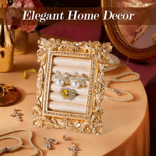 Image of Vintage Ring Holder Rectangle Gold Velvet Display Stand - Baroque Jewelry Organizer Box Tray for Wedding Engagement Anniversary Women Birthday Christmas Gift Photograph Prop (MPF05-Gold White)