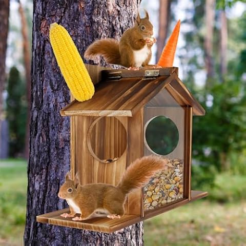 Wooden Squirrel Feeder with Flexible Roof Cover
