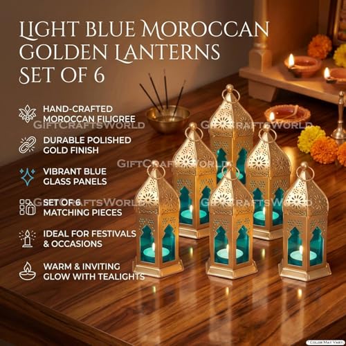 Image of Moroccan Lanterns & Candle Holders for Home Decor - Unique Diwali & Christmas Gifts (Blue, Set of 6)