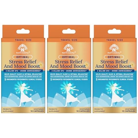 Nutricelebrity Optimal Stress Relief and Mood Boost Supplement Travel Size, Helps Support Restful Sleep, Relaxation, Comfort with Ashwagandha KSM-66 and Cerebiome Probiotic Blend 10 Capsules - 3 Pack Cover