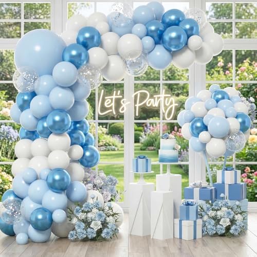KARLURE Blue Balloon Arch Kit Garland, Baby Blue Balloons White Silver Confetti Balloons for Boy Baby Shower Decorations Birthday Gender Reveal Bridal Shower Wedding Graduation Ocean Party Decorations