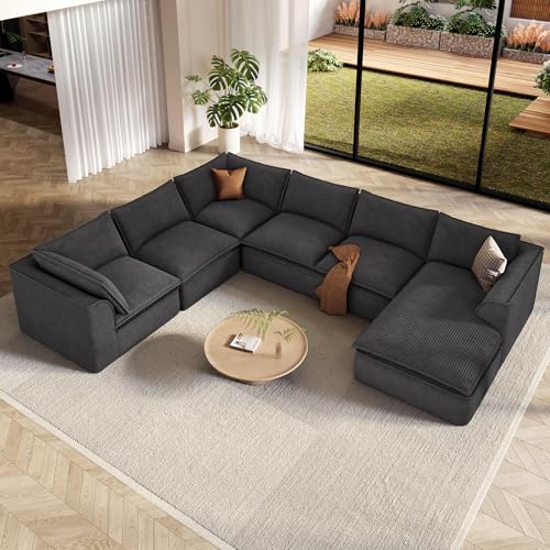 Image of Vesgantti 141.7 inch Oversized Boneless Sectional Couch, Modern 7 Seater Modular Sofa with Chaise, Deep Seat Convertible Corduroy Cloud Couches for Living Room, No Assembly Required, Black