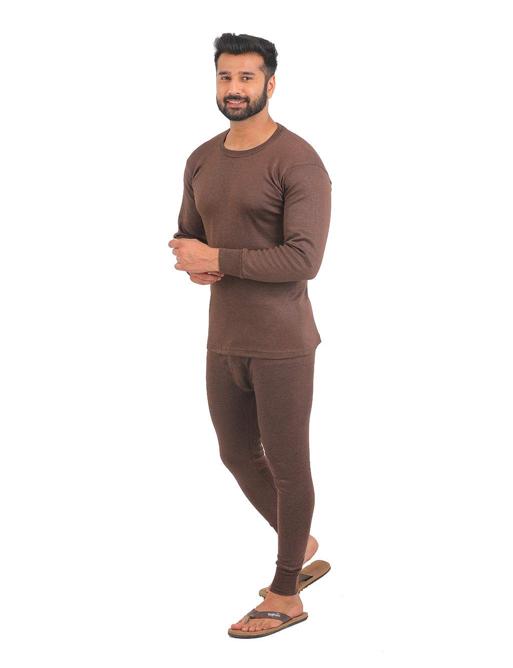 Alfa Men’s Winter Wear Round Neck Full Sleeves Solid Thermal Top and Lower Set Brown