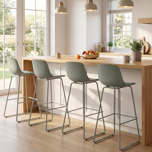 Giantex - Taburete de bar con reposapiés, silla de bar, juego de 4 con asiento acolchado y respaldo ergonómico, silla alta cocina para cocina, comedor, encimera, bistrot, verde