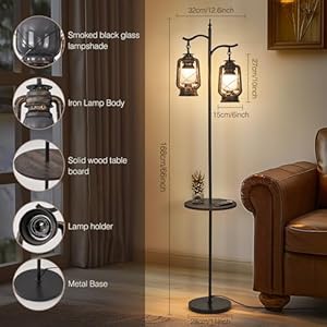 Farmhouse Floor lamp with Table Double Head Vintage Floor Lantern Standing lamp for Living RoomBedroom Rustic Floor Lamp with Black Brown Finish
