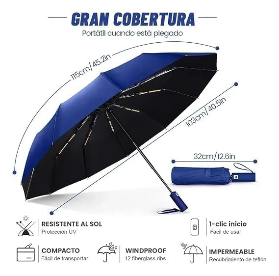 Image of Automatic Open Close Windproof Folding Travel Umbrella, Portable Compact Rain Umbrella for Men & Women Strongest Premium Auto Folding Umbrella for Rain and Sun (Blue)