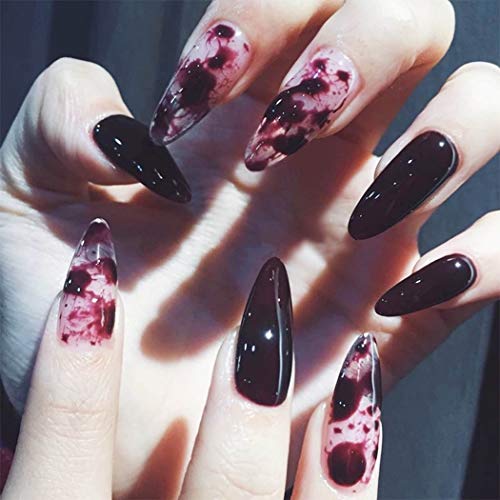 Fstrend 24Pcs Glossy Fake Nails Tips Gothic Full Cover Acrylic Dark Red False Nails Punk Party Prom Clip on Nail for Women and Girls