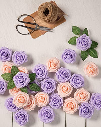 DuHouse 25Pcs Artificial Roses Flowers Fake Rose with Stems Real Touch Foam Flower Head for DIY Wedding Bridal Bouquet Baby Shower Centerpiece Floral Arrangement Party Home Decor(Lilac) - Image 4
