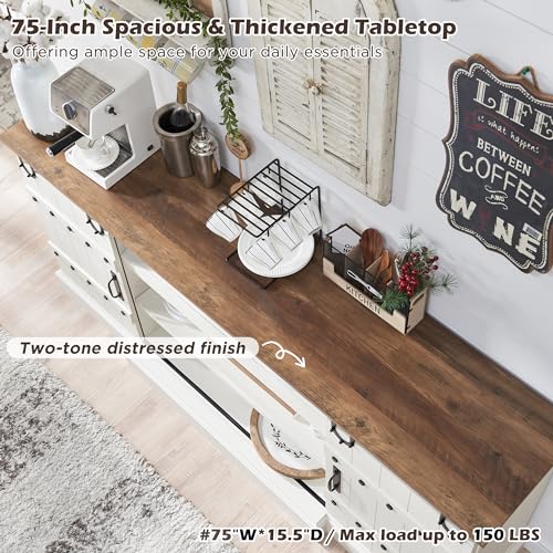 OKD-75-Sideboard-Buffet-Cabinet-with-Storage-Farmhouse-TV-Stand-wSliding-Barn-Door-Rustic-Long-Coffee-Bar-Large-Buffet-Table-for-Dining-Room-Kitchen-and-Living-Room-Antique-White OKD 75 Sideboard Buffet Cabinet with Storage Farmhouse TV Stand wSliding Barn Door Rustic Long Coffee Bar Large Buffet Table for Dining Room Kitchen and Living Room Antique White