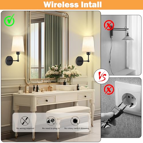 Image of Ostwiki Battery Operated Wall Sconce Set of 2,Black Rechargeable Wall Lights with Dimmable RGB Bulbs and Remote Control,270Rotation Wireless Wall Lamps for Indoor Bedroom Living Room Hallway
