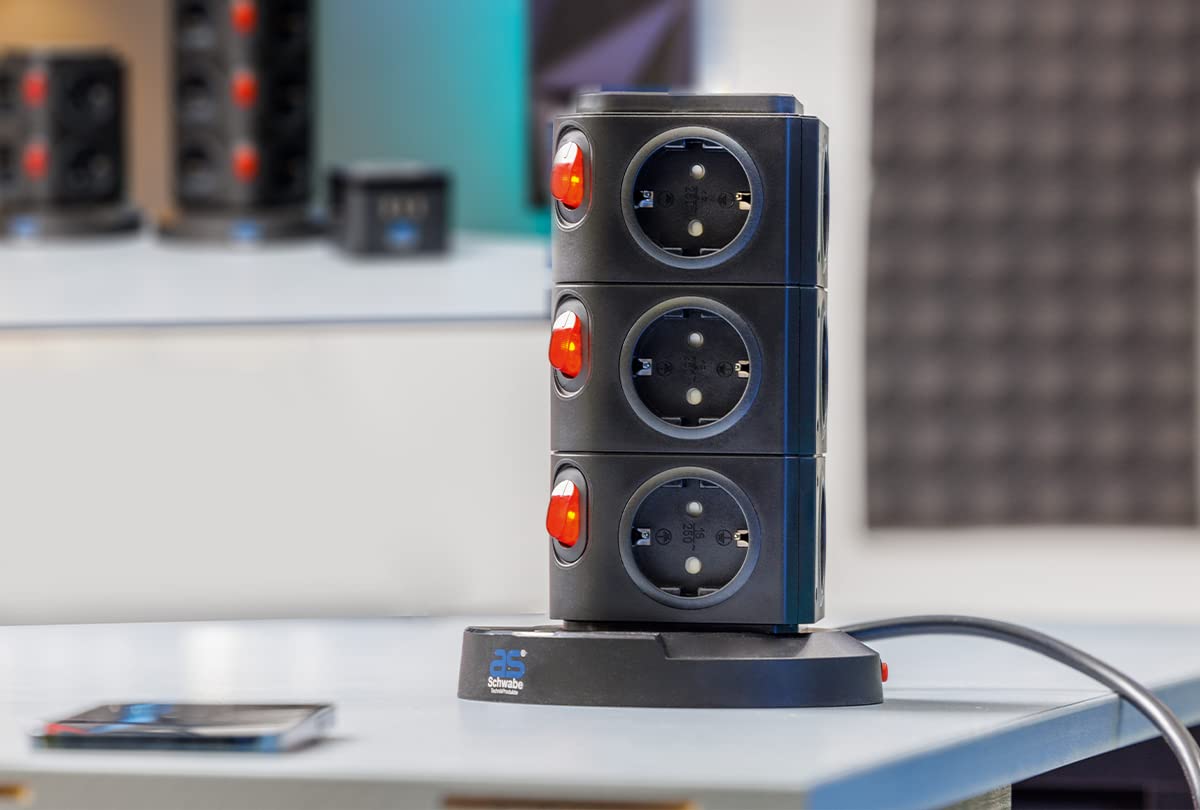 Axis – Schwabe 12-Way Multiple Socket Strip with Induction Drawer, 2 m Cable, Cube Cube with 3 USB Ports, Cube Socket, Plug Tower, Illuminated Switch, 18222