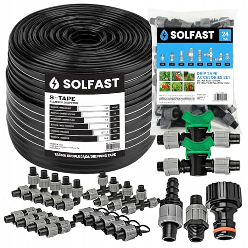 SOLFAST Tropfschlauch Set 100m 16mm 15cm Abstand 1 5L/h Bewässerungssystem Komplettset mit Zubehör (24 Teile) Tropfbewässerung für Garten Gewächshaus & Feld