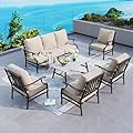 SUNSHINE VALLEY 6 Piece Metal Outdoor Patio Furniture Set, Patio Conversation Sets 1 3-Seater Sofa, 4 Fixed Chairs with 5.75" Thick Cushion and Coffee Table, Backyard Furniture Set for Deck, Beige