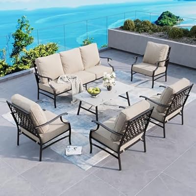 SUNSHINE VALLEY 6 Piece Metal Outdoor Patio Furniture Set, Patio Conversation Sets 1 3-Seater Sofa, 4 Fixed Chairs with 5.75" Thick Cushion and Coffee Table, Backyard Furniture Set for Deck, Beige
