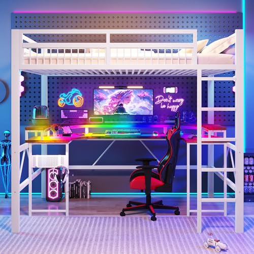 Arhatreya Cama alta de 140 x 200 cm, cama individual con tira de luces LED, cama de metal con conexión USB/tipo C, marco de cama juvenil con somier (sin colchón), color blanco