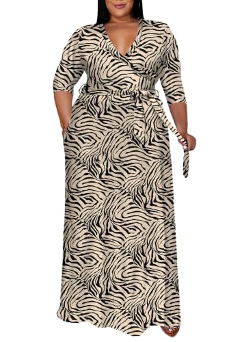 Image of Runwind Plus Size Wrap Dress for Women, Maxi A-Line Dresses with Belt | Versatile maxi for weddings church holiday parties, 3 /4 Sleeve V-neck with pcckets, soft stretchy fabric, 1X-6X
