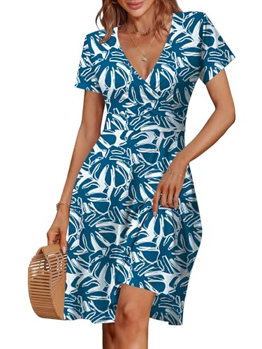 Image of MSBASIC Womens Summer Wrap V Neck Casual Dresses Floral Short Sleeve A-Line Midi Sundress