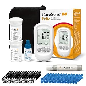 CareSens N Feliz Blood Glucose Monitoring Kit with 100 Blood Sugar Test Strips, 100 Lancets, 1 Blood Glucose Meter, 1 Lancing Device, 1 Control Solution, Travel Case for Diabetes Testing Kit for Personal Use
