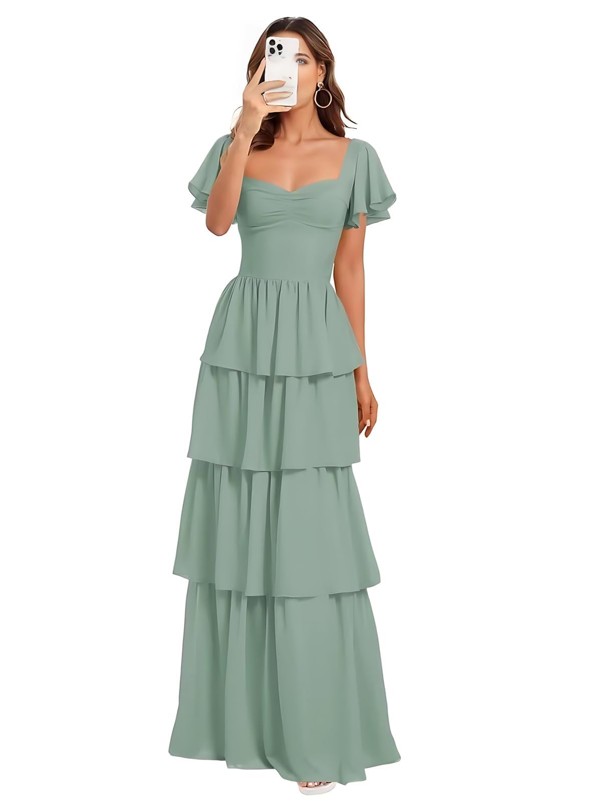 Kurzarm Chiffon Abendkleider Elegant für Hochzeit,Gestufte A-Linie Brautjungfernkleider Lang für Damen Maxi Beach Festliche Kleider für Hochzeitsgäste