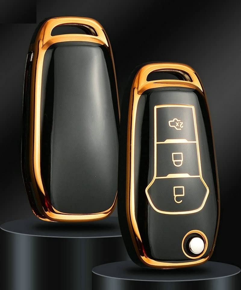 Image of JVCV Gold Border TPU Key Cover Compatible with Ford Endeavour Figo Aspire Freestyle 3 Button Folding Key - Glossy Protective Flip Key Case (Black)