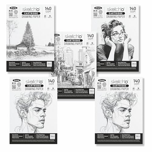 Image of Anupam A3 Artists Sketching & Drawing Paper 140 GSM 10 Loose Sheet for Sketching & Drawing with Pencil, Charcoal, Graphite, Chalk, Oil Pastel & Wax Crayon for Artist's & Amateurs (Pack of 5)