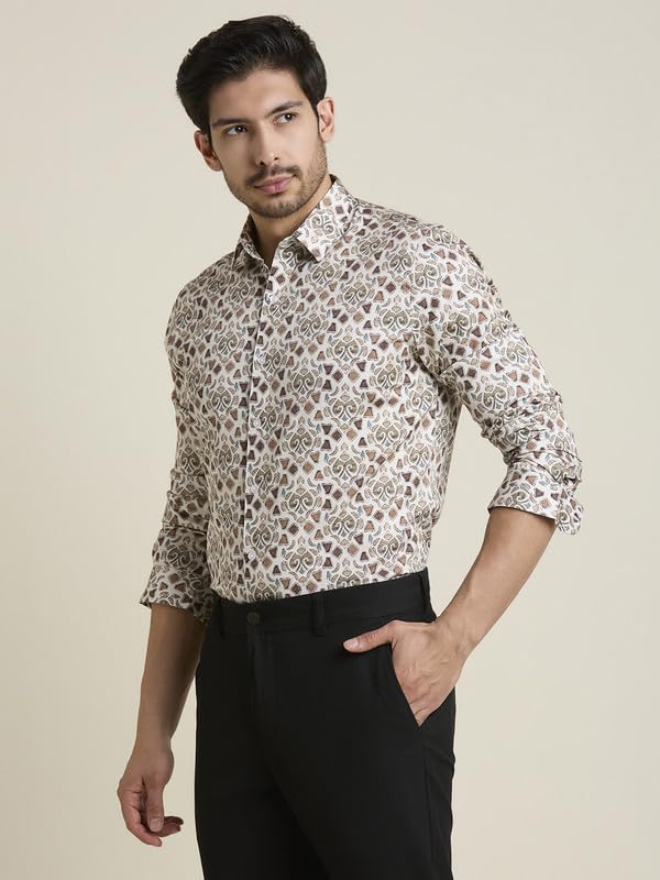 Image of MARK & ALBERT Men's Printed Full Sleeves Regular Fit Shirt Blue | 100% Cotton Stretchable Fabric