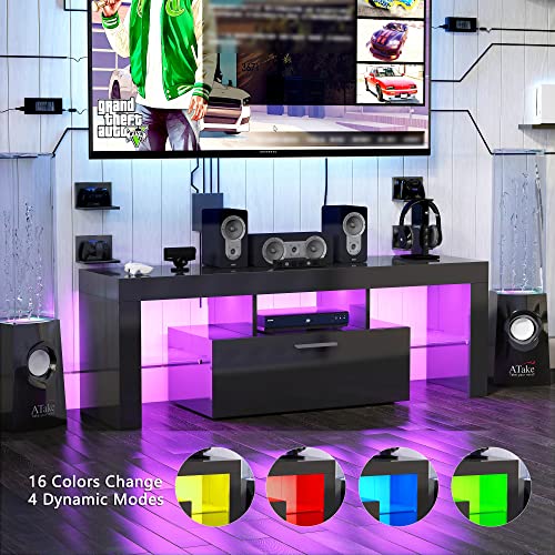 Lmereody Modern Led Tv Stand For 32/40/50/55 Inch Tv, Gaming Entertainment Center With Led Lights, High Glossy Television Stands With Storage, Black Wood Tv Console For Living Room, Bedroom #TOP1