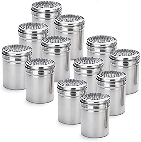 TrueCraftware-10 Ounce Stainless Steel Dredge Shakers without Handle Set of 12- Cheese Shakers Chili Flakes Powder Shaker Sugar Spice Seasoning Cans for Kitchen Cooking Baking Home Restaurant