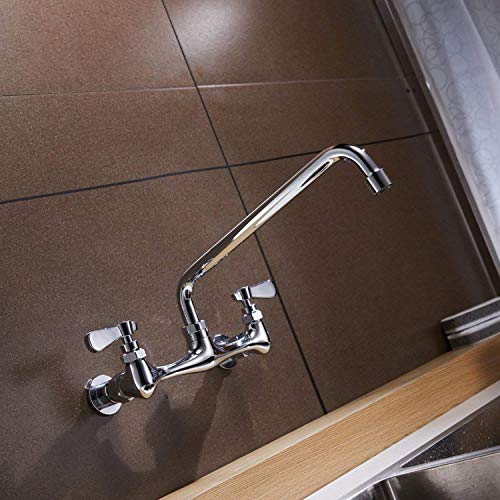 Kitchen Faucet Wall Mount Commercial Sink Faucet Kitchen Utility Laundry 8 Inch Swivel Spout 2 Dual Handle Restaurant Chrome Mixer Tap NSF Lead Free