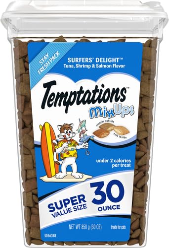 Image of Temptations Cat Treats MixUps Surfer's Delight, Tuna, Shrimp, Salmon Flavor, Crunchy and Soft Cat Treats, 30 oz. Tub (Pack of 2)