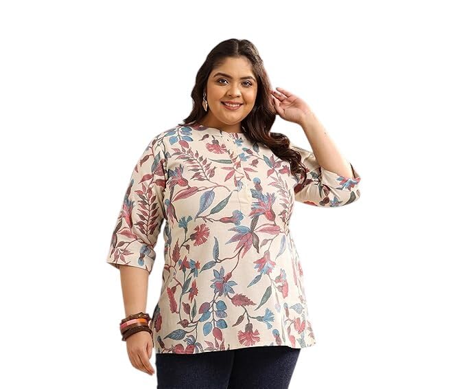 Image of Plus Size Printed Cotton Straight Kurti for Women