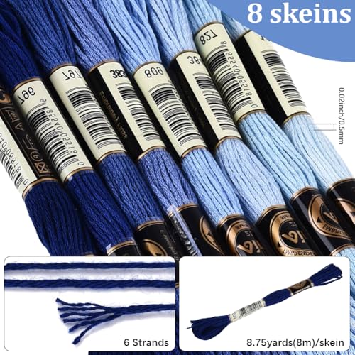 Image of 70 Yards 8 Skeins Gradient 6 Strands Blue Embroidery Thread Variegated Friendship Bracelet Floss Cross Stitch String Polyester Threads Bulk Set for Hand Sewing Making Needlecraft DIY Supply