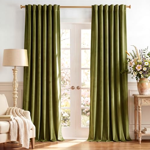 Image of Olive Green Velvet Luxury Drapes for Living Room, W52 x L100, 2 Pcs | Christmas Holiday Decor, 300GSM Heavy Soft Velvet, UV Protection, Heat Insulated, Privacy, Back Tab for Bedroom, Living Room