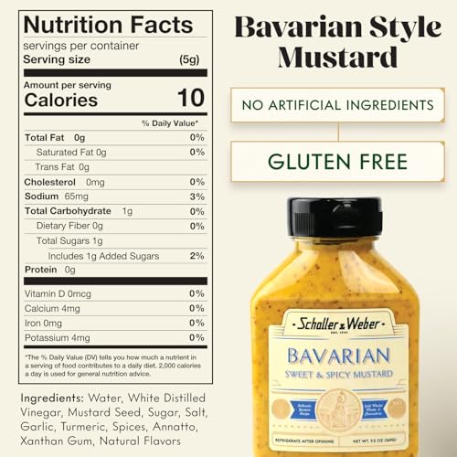 Image of Schaller & Weber Bavarian German Mustard, 9.5 Oz Squeeze Bottle (1pk) | Sweet & Spicy Mustard | Deli Condiment for Sausages, Pretzels & Sandwiches | All Natural, No Preservatives