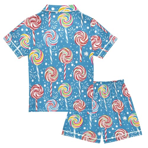ALAZA Colorful Lollipop Rainbow Blue Satin Pajamas Set Short Sleeve Button Down Sleepwear Summer Pjs 2 Piece2