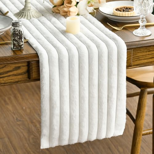 Artoid Mode Ivory Soft Plush Faux Fur Jacquard Table Runner,