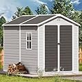 WACASA Storage Shed, 8X6 FT Resin Outdoor Storage Shed with Floor & Lockable Doors, All Weather Plastic Lean to Shed with Window and Vents, Garden Tool Shed for Bike, Toy, Lawnmower, Dove Grey