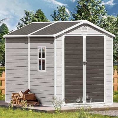 WACASA Storage Shed, 8X6 FT Resin Outdoor Storage Shed with Floor & Lockable Doors, All Weather Plastic Lean to Shed with Window and Vents, Garden Tool Shed for Bike, Toy, Lawnmower, Dove Grey