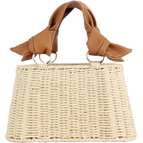 Women Straw Handbag Rattan Woven Beach Bag Chic Drawstring Bucket Purse for Summer Vacation - Main Image