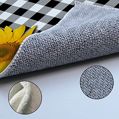 Sunflower Kitchen Mat Set Of 2, Bright Sunflower On Black White Buffalo Plaid Check Summer Microfiber Kitchen Rug Tpr Non-Slip Backing Doormat Runner Rug Set Comfort Floor Mat, (16" X 24"+16" X 48") #TOP4