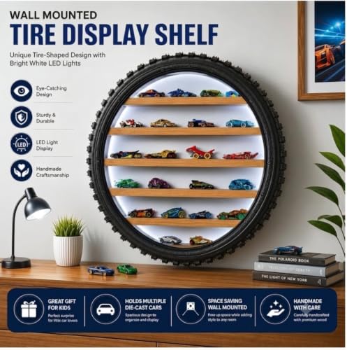 Image of Wooden Wall Shelf Display Rack for 1:64 Scale Die-Cast Cars with LED Light | Rugged Tyre Frame Storage Organizer for Hot Wheels Collection | Decorative Home & Room Decor (24 x 4 Inch (White)