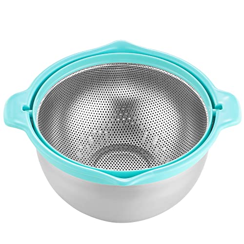 Popgrade 2 In 1 Stainless Steel Colander Bowl Set, Detachable Rice Washer Strainer Set, Rice Washing Bowl And Strainer For Fruit, Pasta, Small Rice Cleaner Strainer Bowl, Blue #TOP7