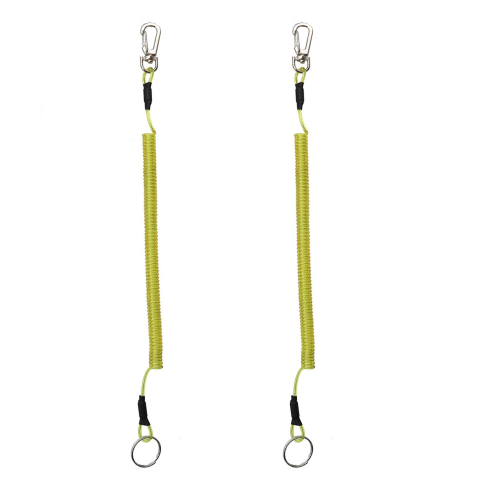 2PCS Fishing Lanyard Spiral Keyring Heavy Duty Retractable Coiled Tether with Carabiner and Split Ring for Pliers, Boating, Tools, Yellow